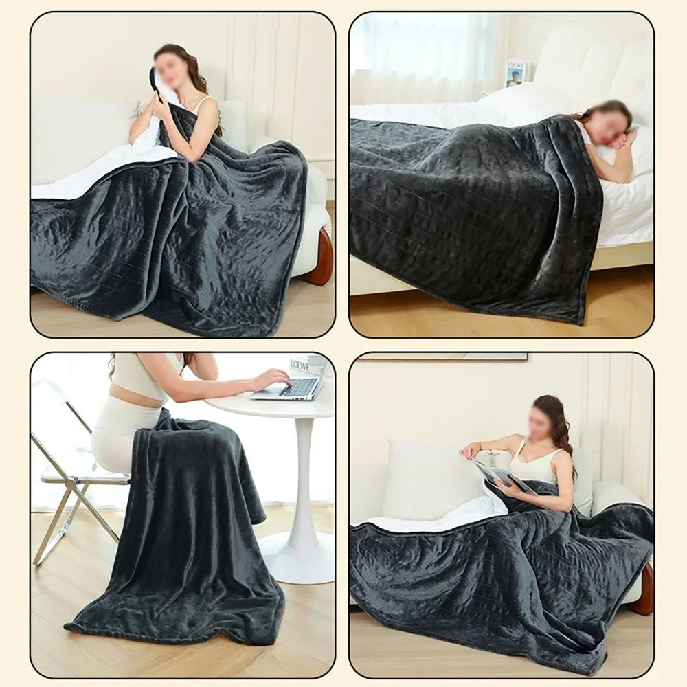 Heated flannel blanket in use on a sofa, in bed, at a desk and while reading
