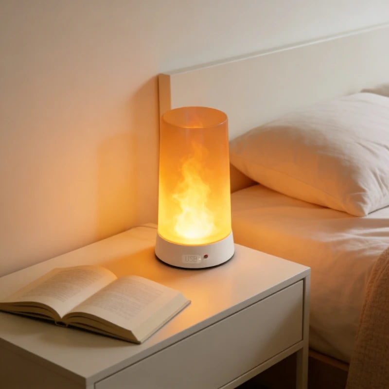 Flame table lamp on a bedside table next to an open book