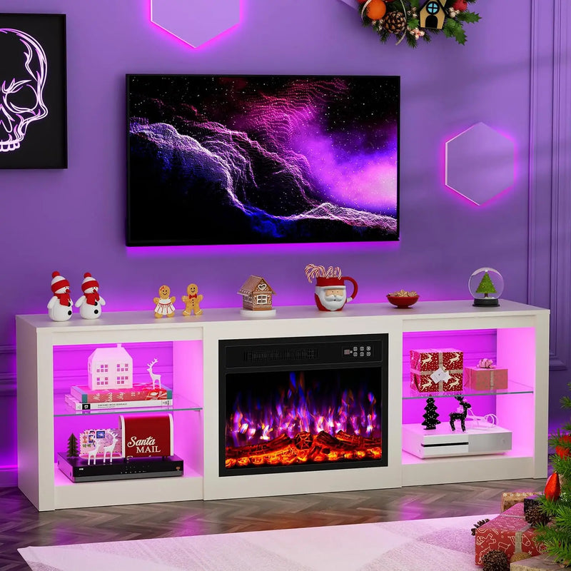 70 Inch Electric Fireplace TV Stand for 65-80 Inch TVs, White Entertainment Center with 23 Inch Fireplace Insert