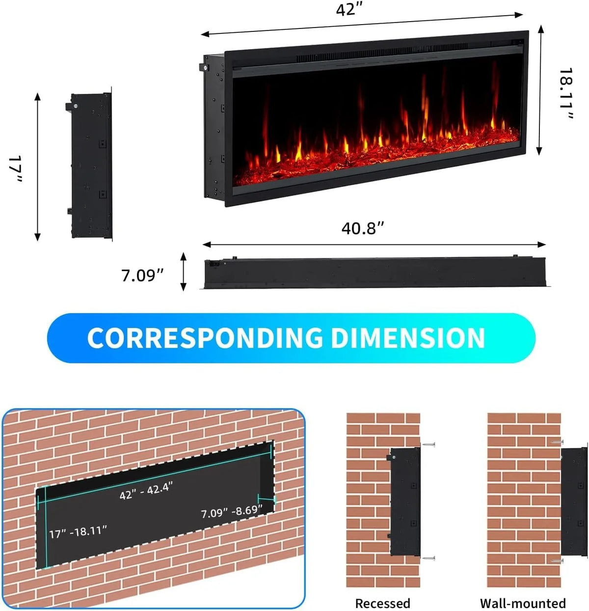 42 inch electric fireplace dimensions for recessed and wall-mounted fitting