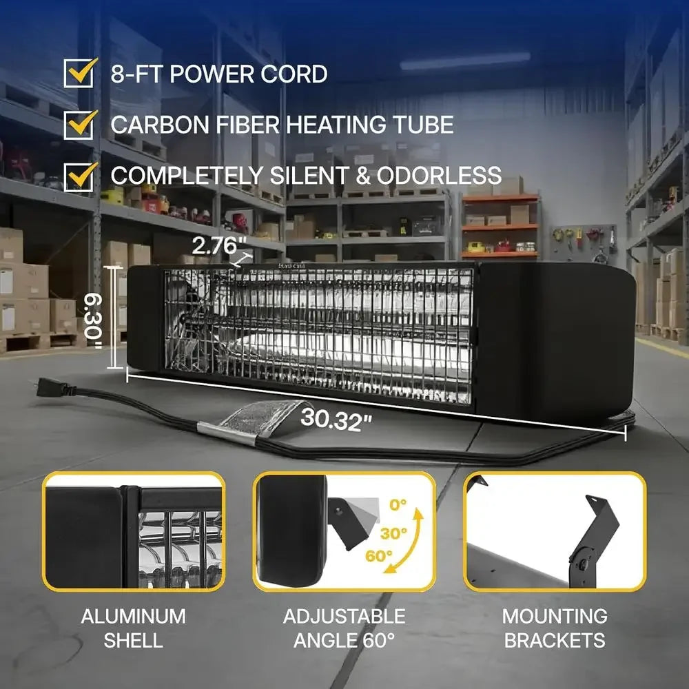 1500W infrared heater dimensions, power cord and adjustable mounting bracket