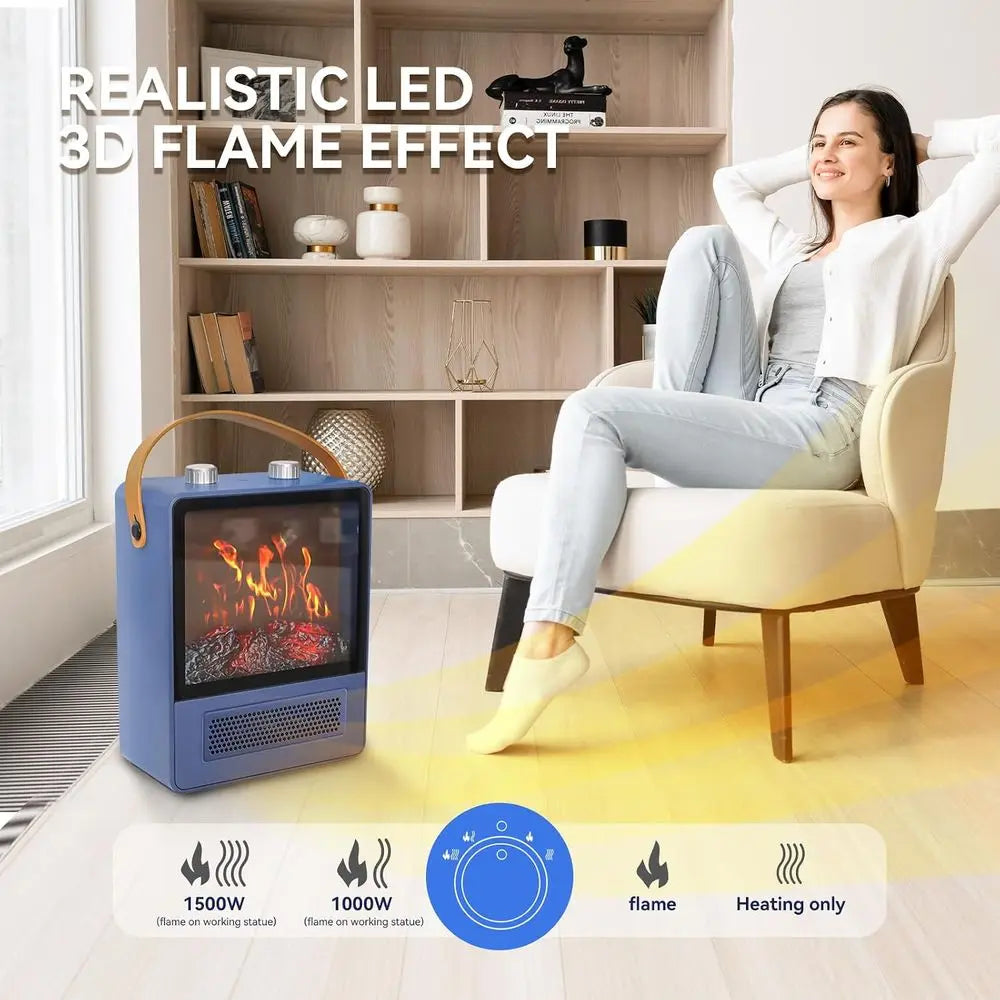 Blue portable electric fireplace space heater with 3D flame effect, view 4
