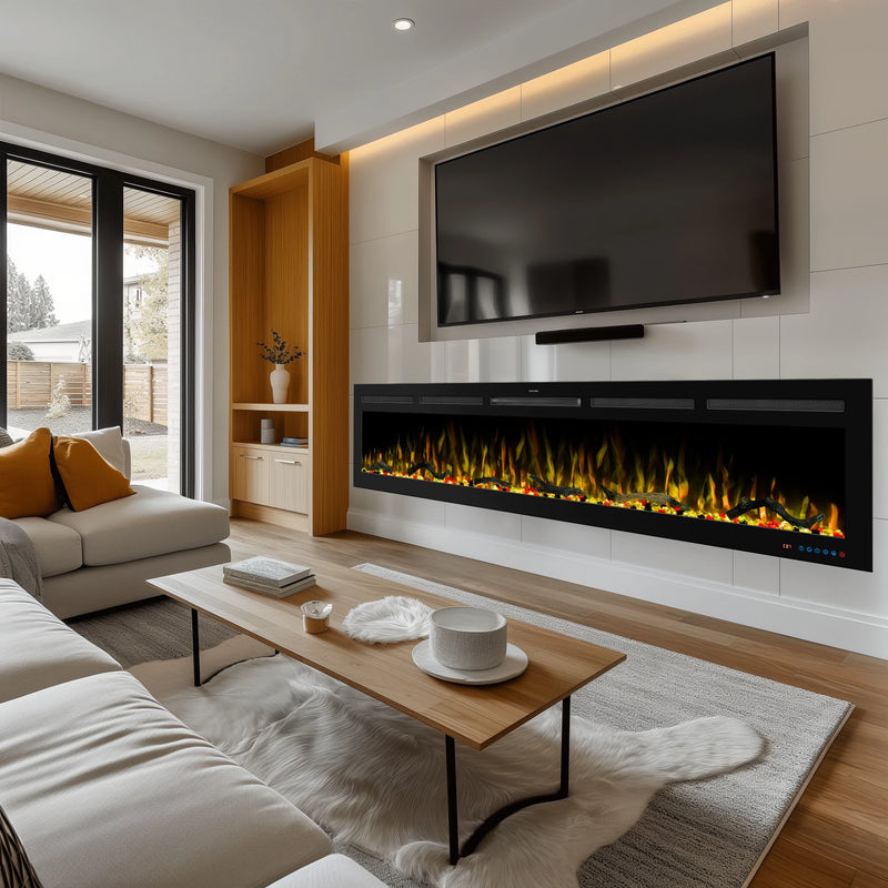 80 Inch Wall-mounted And Recessed Electric Fireplace, Multi Flame And Log Bed Colors W Smart APP Control