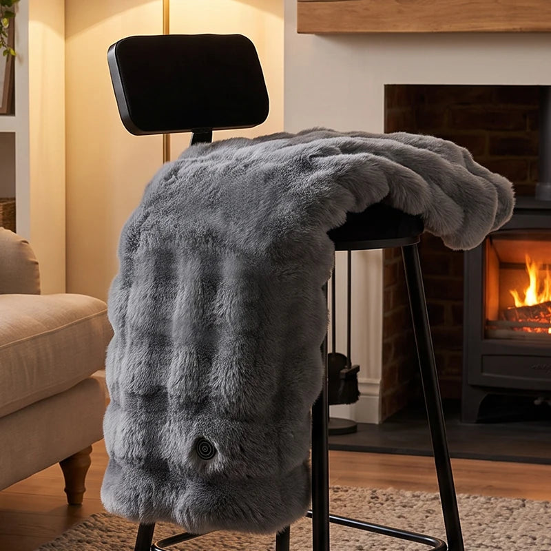 Dark grey USB heated shawl blanket draped over a stool
