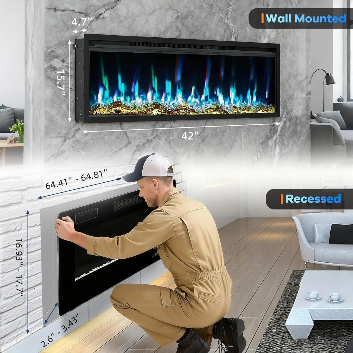 42 inch electric fireplace wall-mounted and recessed installation dimensions