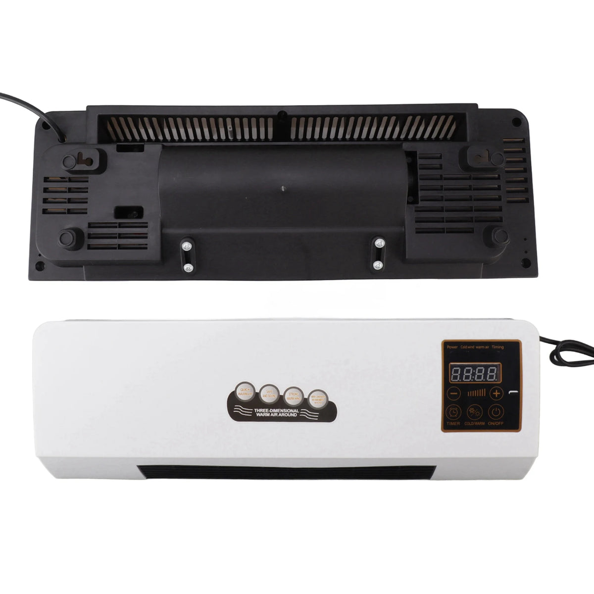 Front and rear views of the wall mounted heater showing vents and control panel