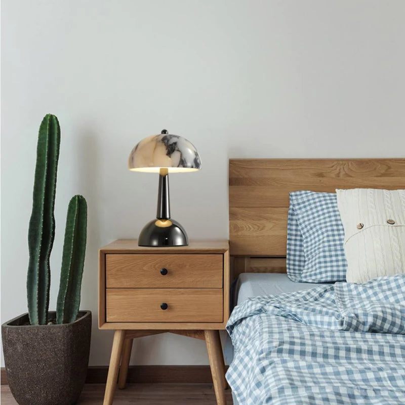 Marble mushroom LED lamp on a bedroom nightstand