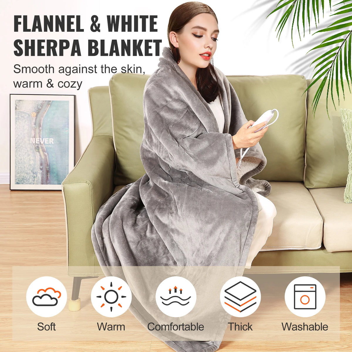 Grey flannel and sherpa heated throw blanket in use on a sofa