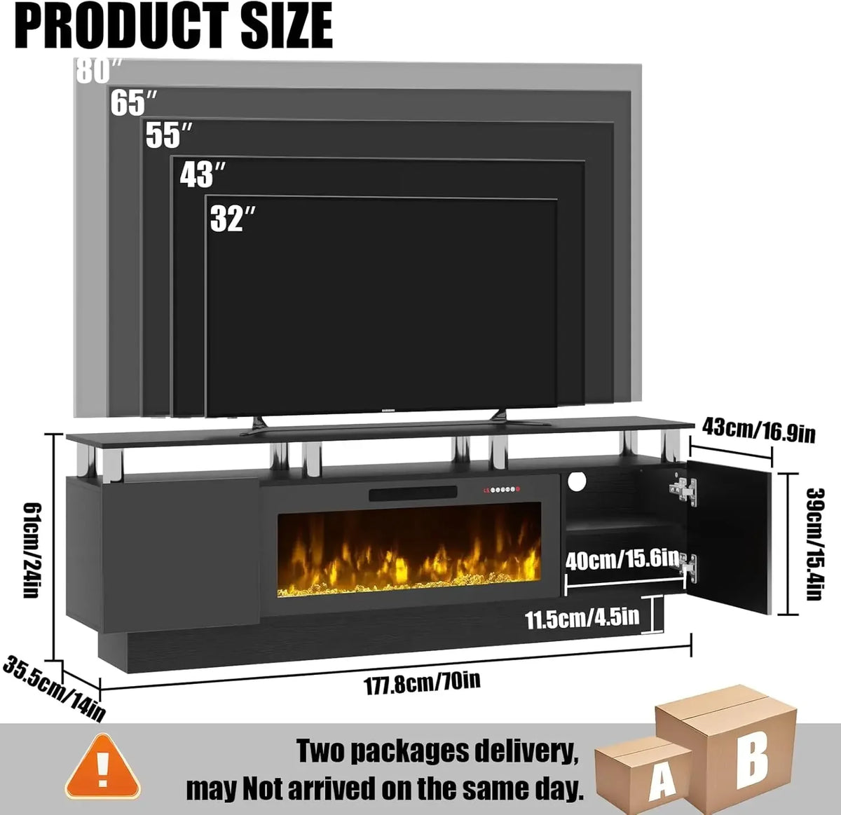 70 inch fireplace TV stand size chart for TVs from 32 to 80 inches, ships in two packages