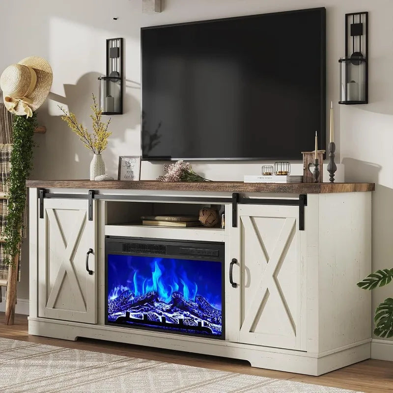 Farmhouse fireplace TV stand with sliding barn door