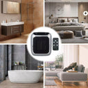 Mini wall mounted heater shown in a bathroom, bedroom and living room, with the unit and remote