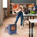 Blue portable electric fireplace space heater with 3D flame effect, view 3