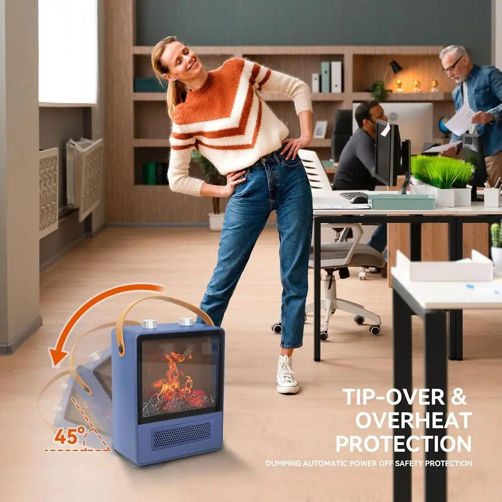 Blue portable electric fireplace space heater with 3D flame effect, view 3