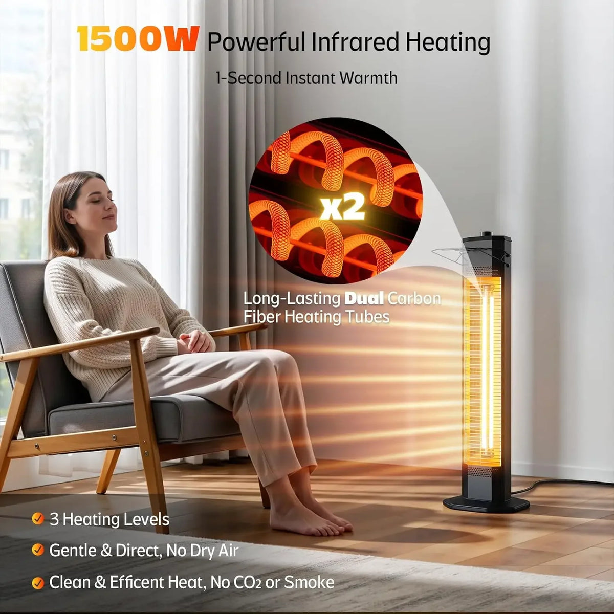 34-inch 1500W infrared patio heater tower, view 2