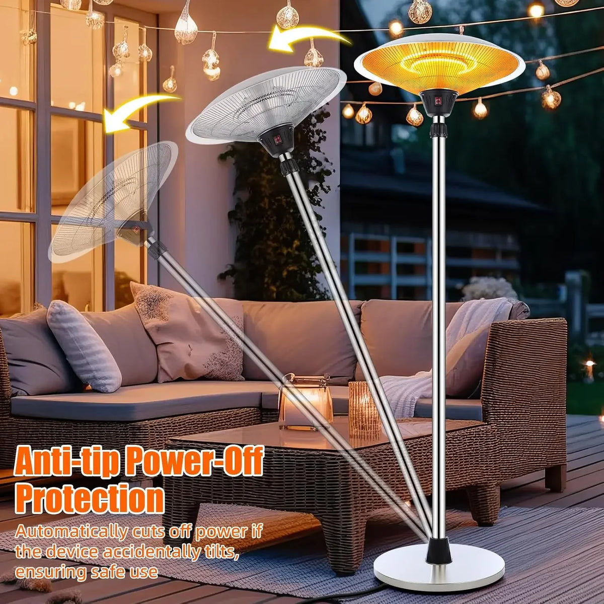 Freestanding stainless steel electric patio heater with dome reflector, view 5