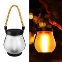 Hemp rope handle flame-effect lantern, daylight view and glowing at night