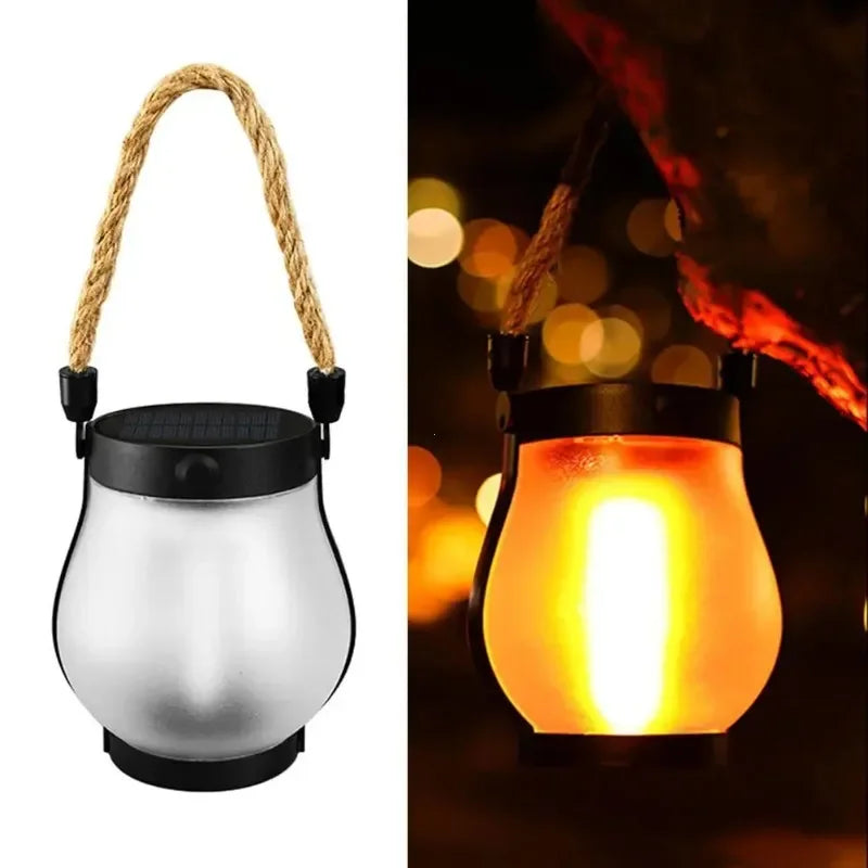 Hemp rope handle flame-effect lantern, daylight view and glowing at night