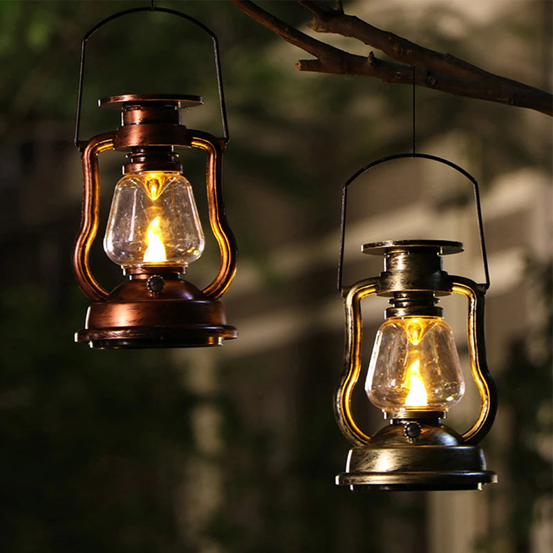 Vintage kerosene-style solar lantern with LED flame