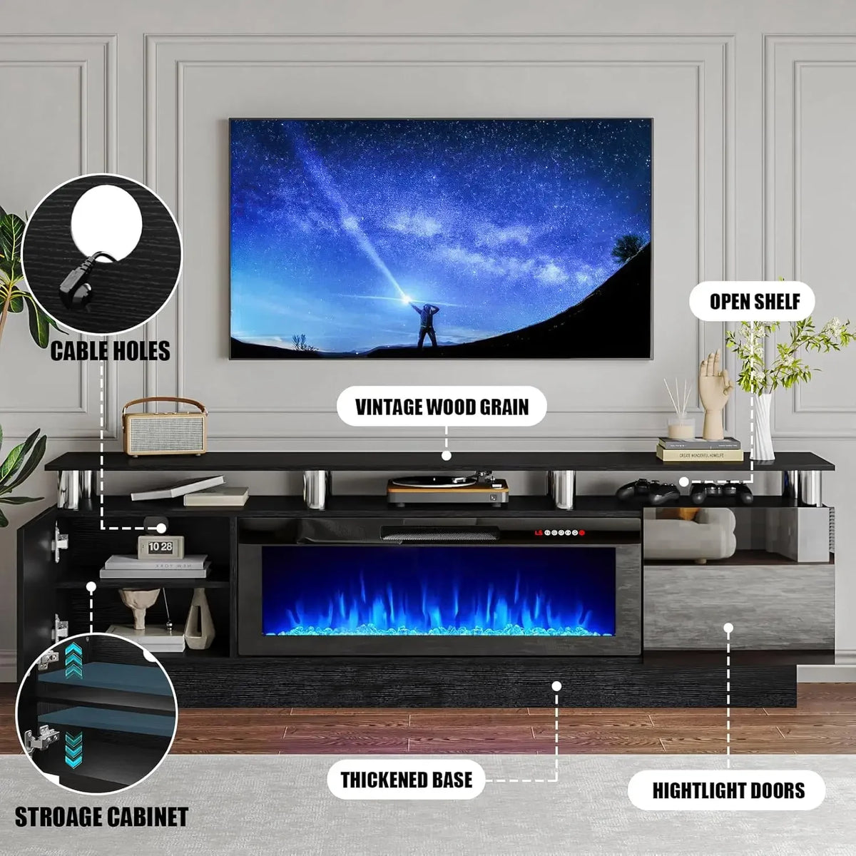 70 inch fireplace TV stand storage, open shelf and cable holes