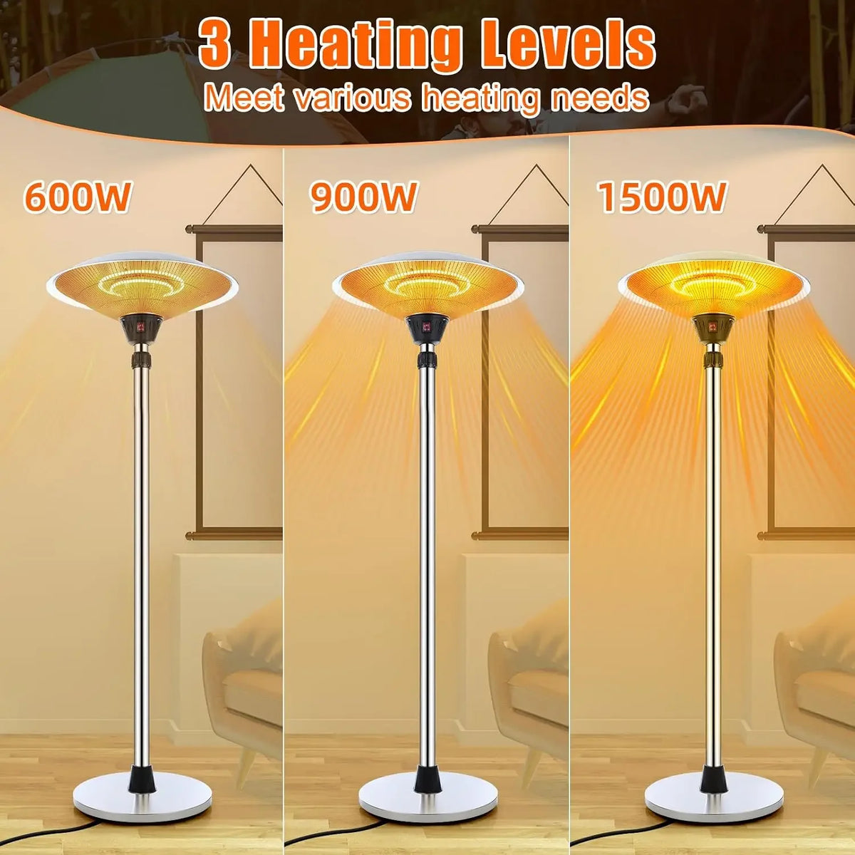 Freestanding stainless steel electric patio heater with dome reflector, view 4