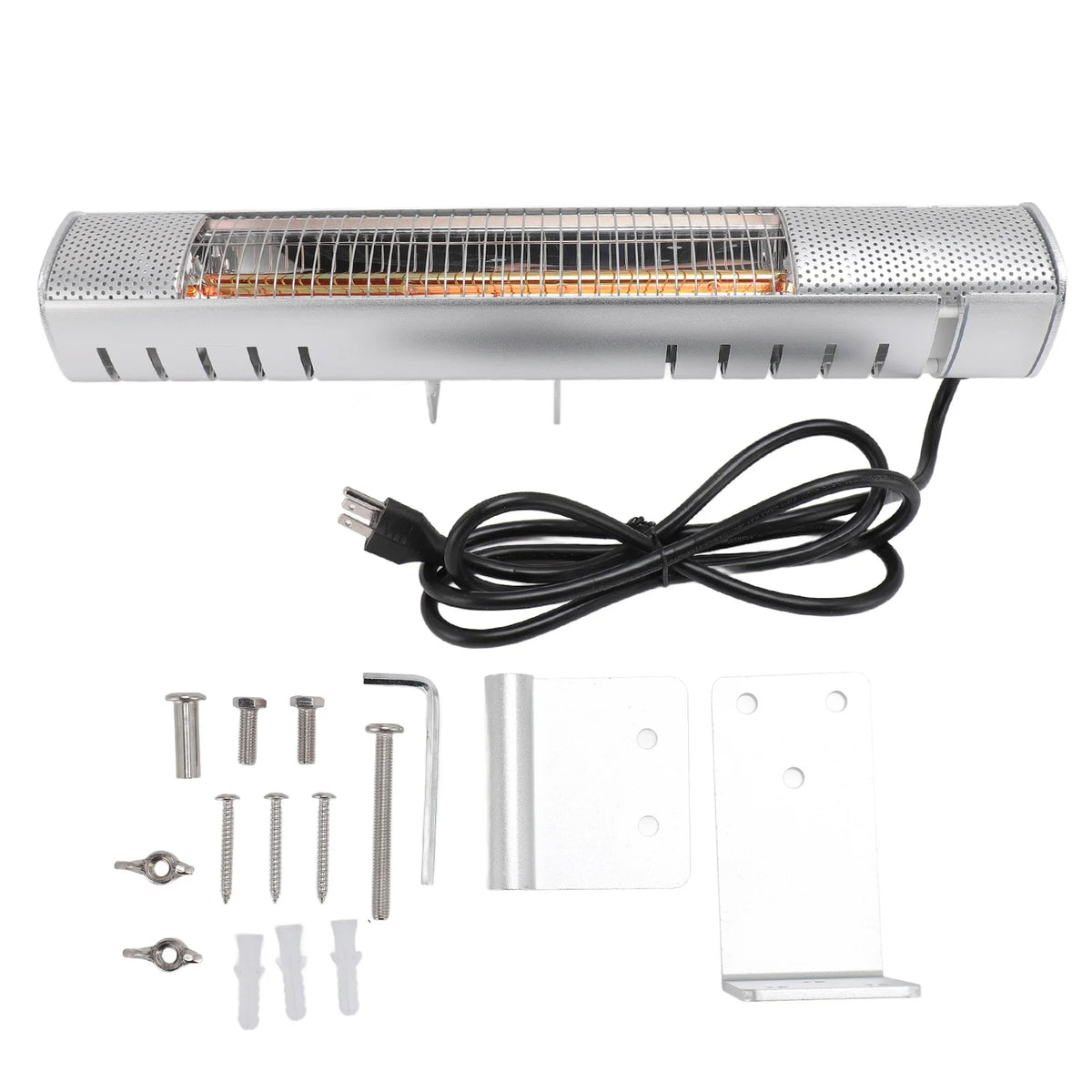 1500W outdoor infrared patio heater shown with its power cord, wall bracket and mounting hardware