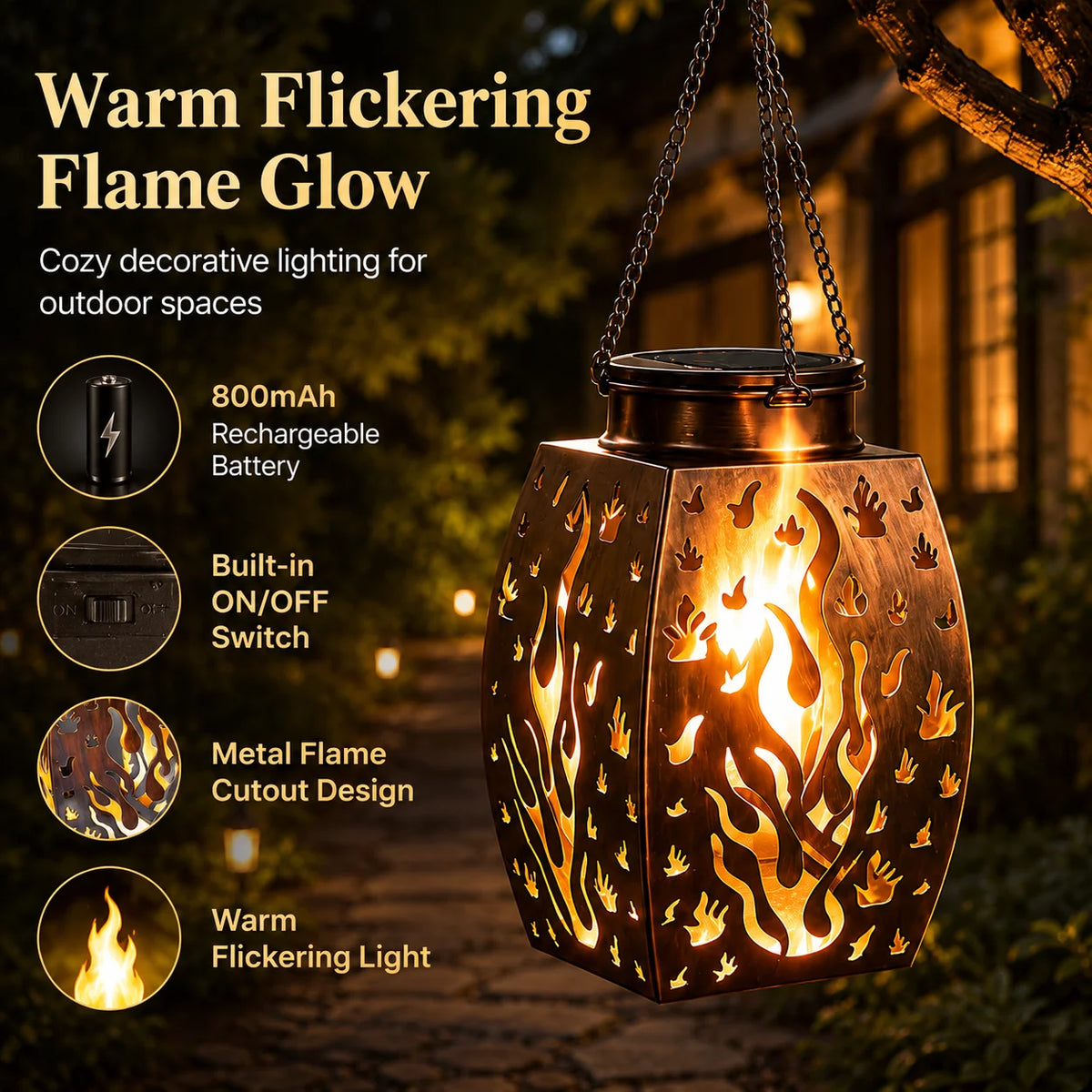Bronze lantern features: 800mAh rechargeable battery, built-in on/off switch, metal flame cutout design and warm flickering light