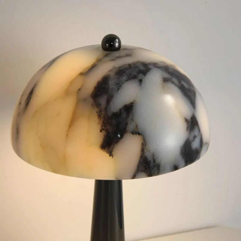 Close-up of the lit natural marble shade