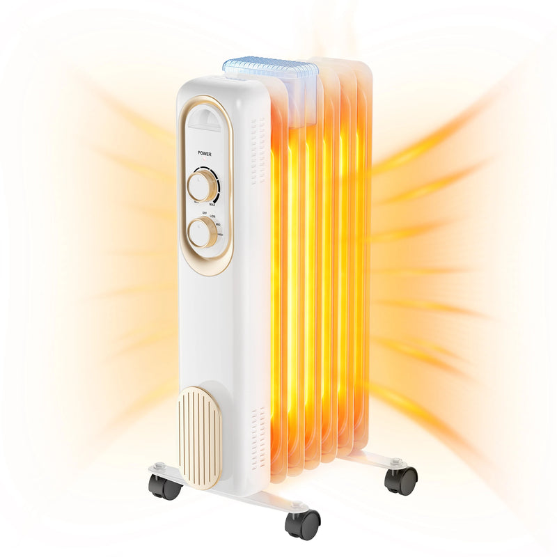 White oil-filled radiator space heater on caster wheels