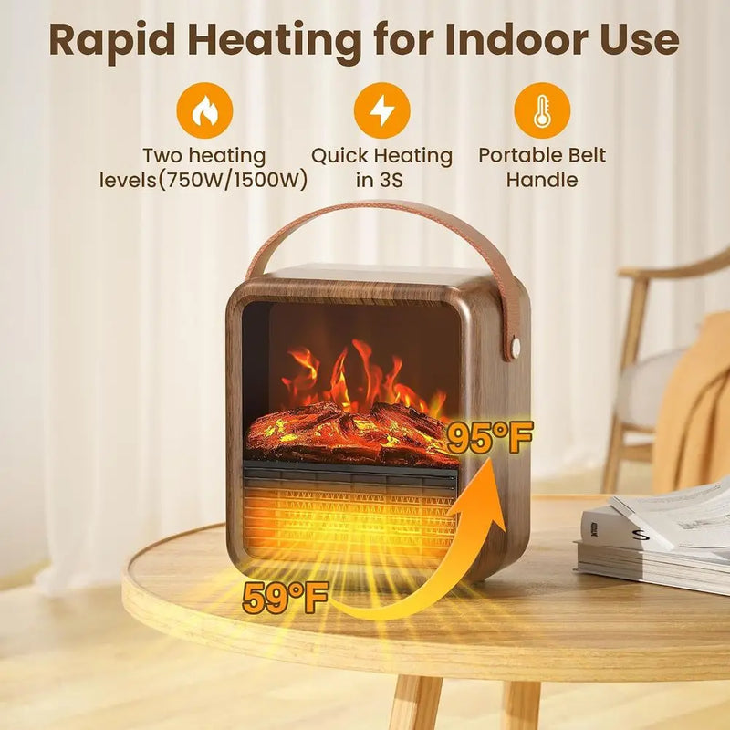 Small wood-look electric fireplace space heater with 3D flame and leather handle, view 2