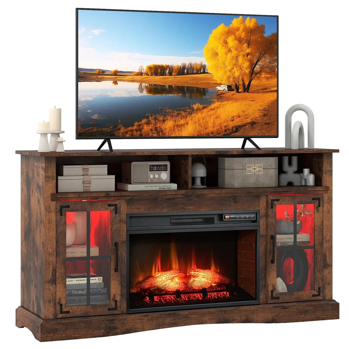 Fireplace TV Stand for TVs Up to 65", Adjustable Shelves LED Light Entertainment Center with Electric Fire Place