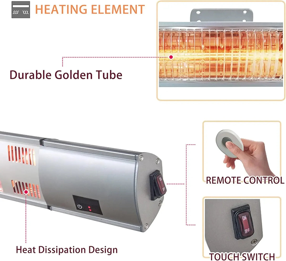 1500W wall-mounted electric patio heater, view 4