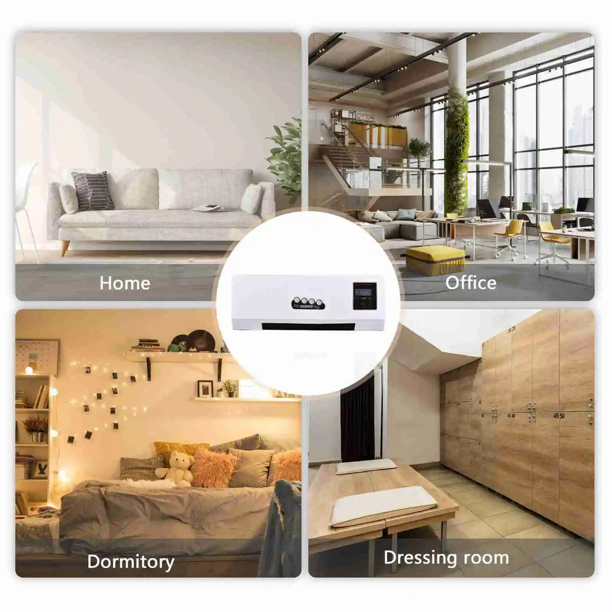 Wall-mounted fan heater supplied with remote control, mounting screws and manual