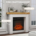 Close detail of the mantel surround showing the wood-grain top and MDF construction