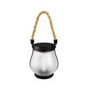 Frosted flame-effect lantern with rope handle on a white background