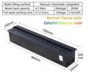 Water vapor fireplace insert — spec card: water tank, wattage, runtime per fill, 110/220V