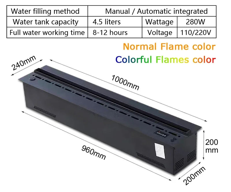Water vapor fireplace insert — spec card: water tank, wattage, runtime per fill, 110/220V