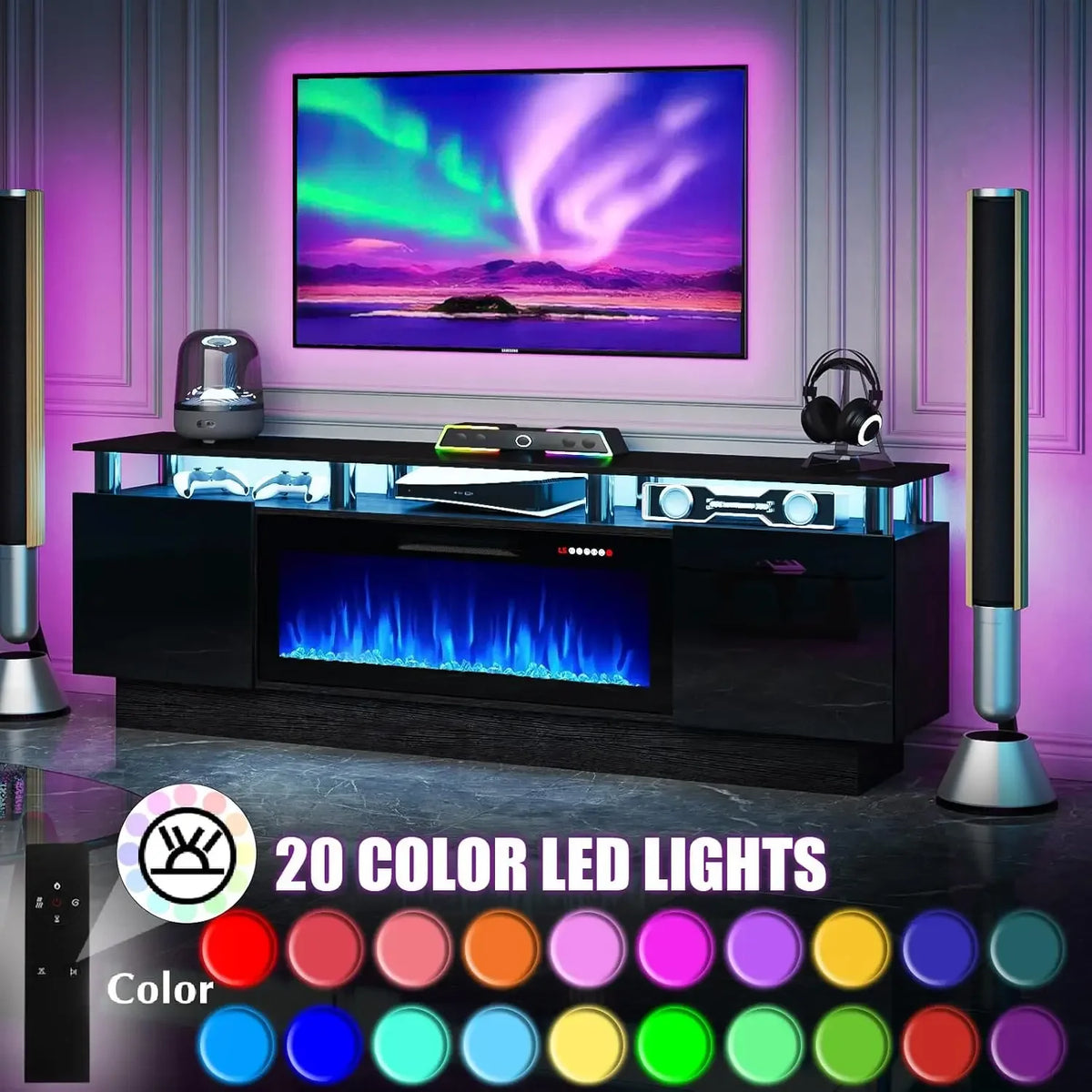 70 inch fireplace TV stand with its LED lights on