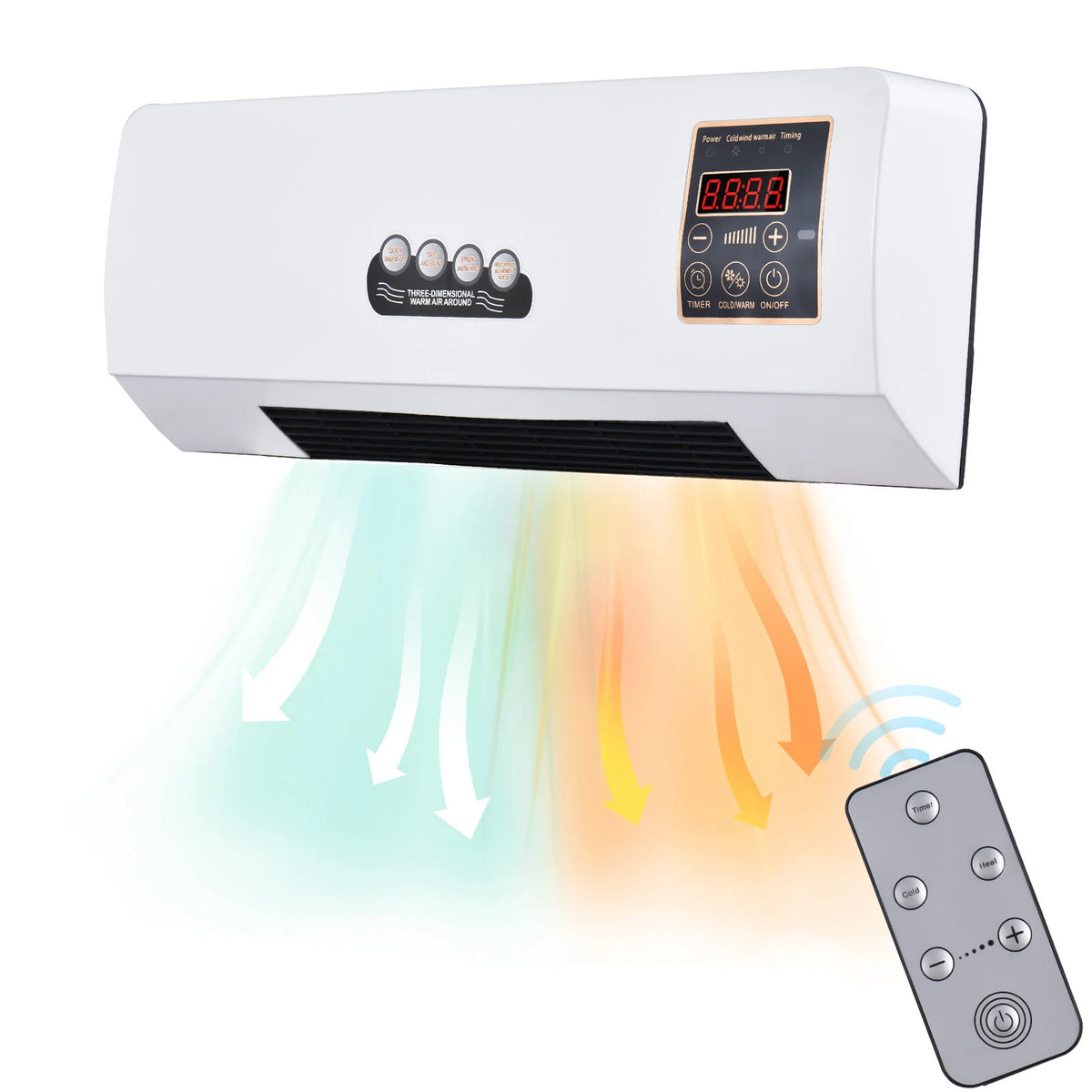 Wall-mounted heater and fan combo with its remote, showing warm and cool airflow modes