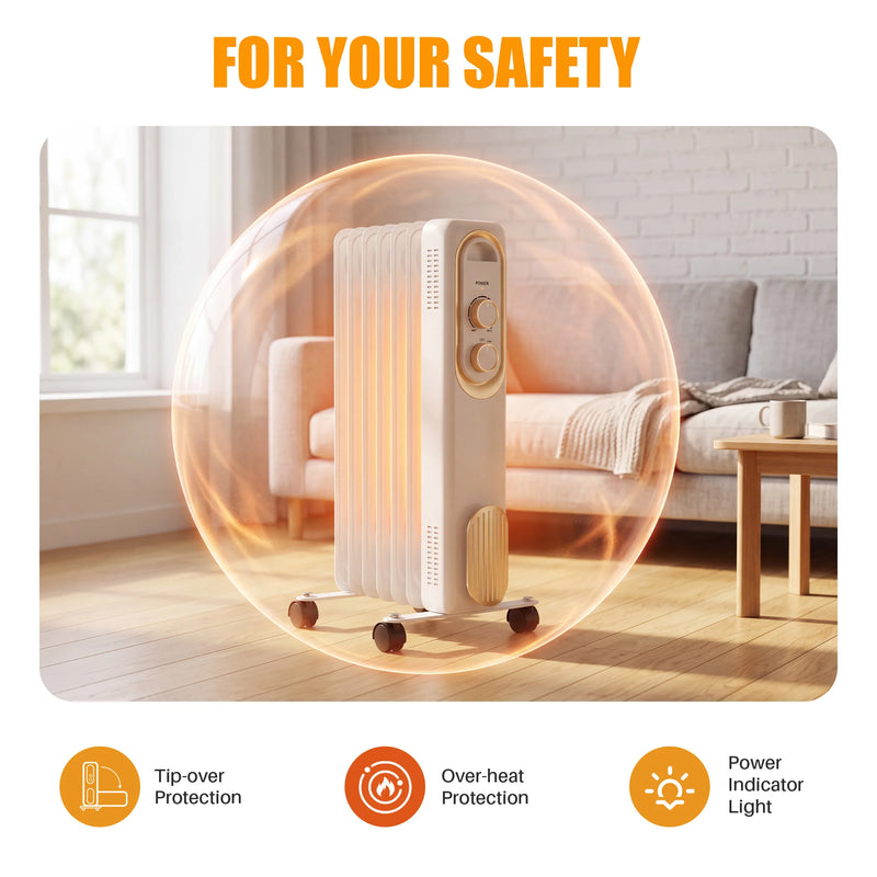 White oil-filled radiator space heater on caster wheels, view 2