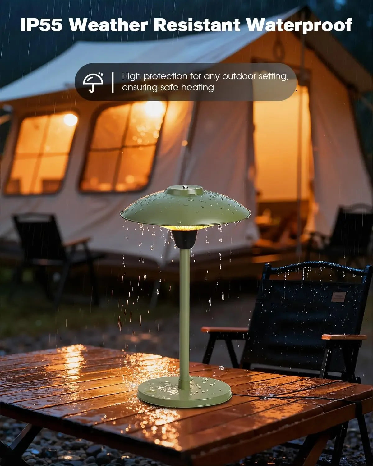 Tabletop patio heater on a camping table in the rain, showing IP55 weather resistance