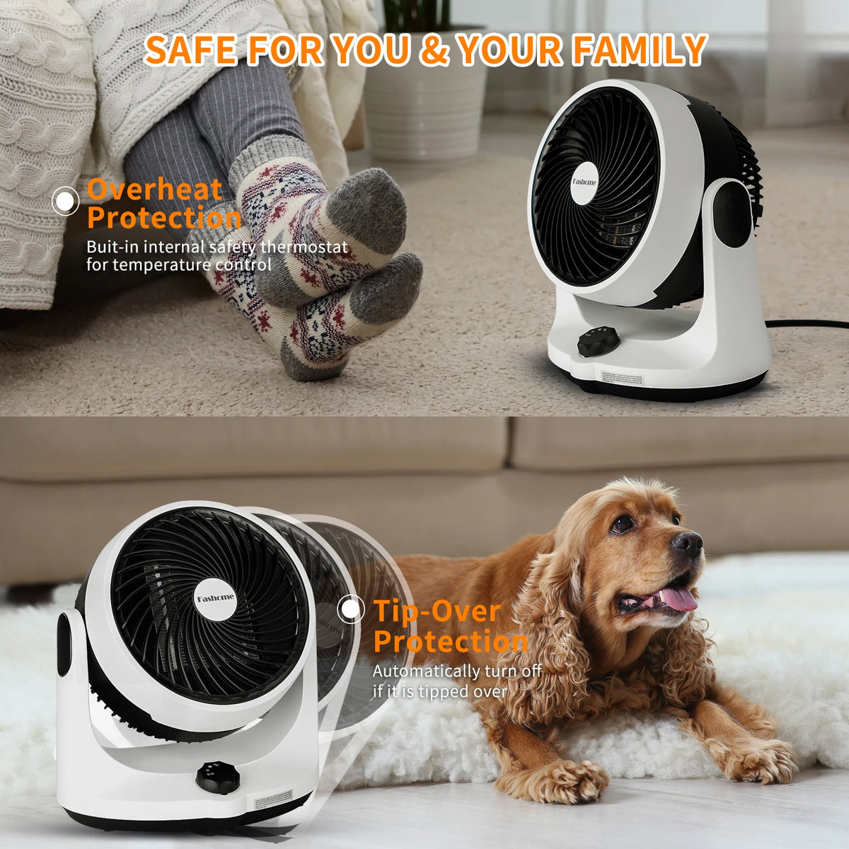 Space heater with overheat and tip-over protection running safely in a living room