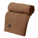 Folded brown heated shawl wrap showing the waffle-knit texture and control button