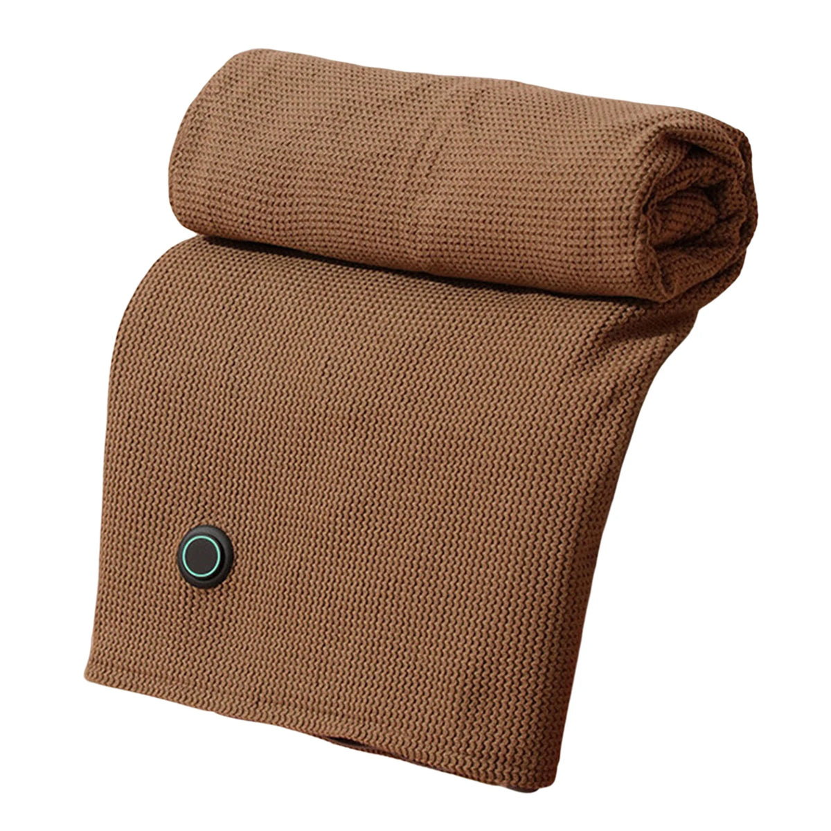 Folded brown heated shawl wrap showing the waffle-knit texture and control button