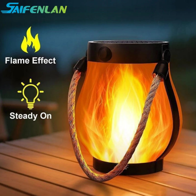 Solar flickering flame lantern with rope handle