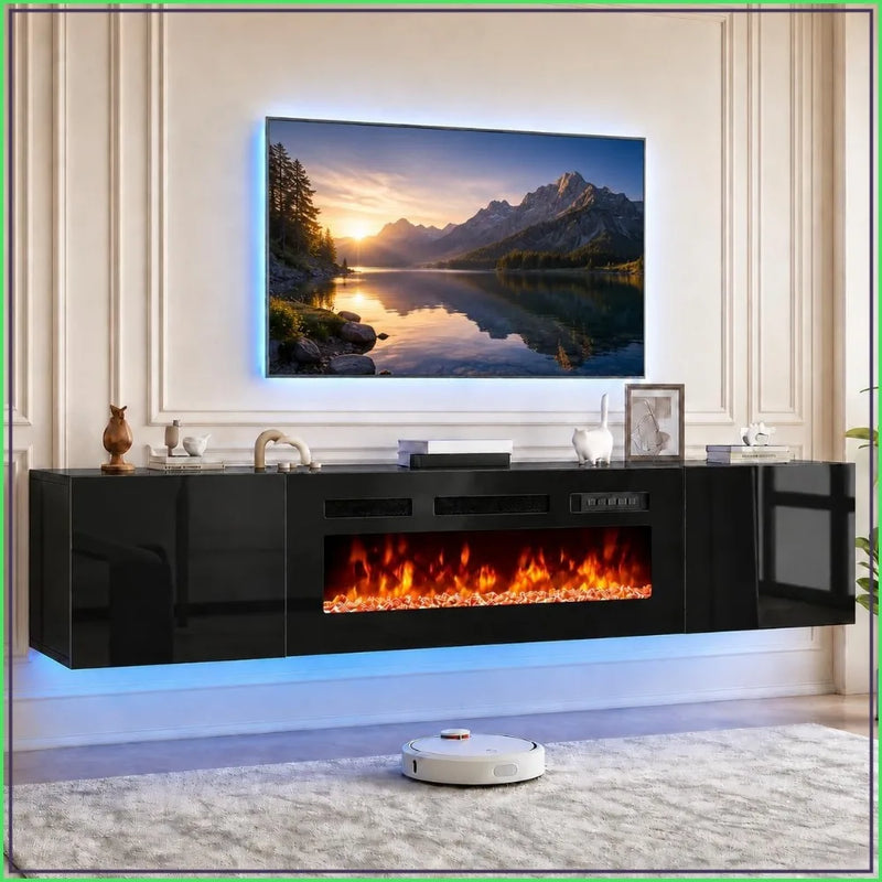 80 inch floating fireplace media console — product detail