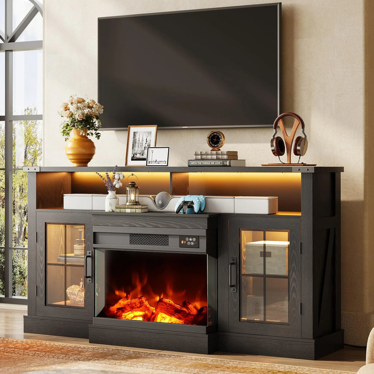 Electric Fireplace TV Stand for TVs up to 65 Inch, Modern Media Console Entertainment Center, Adjustable LED Flame for Living Rooms