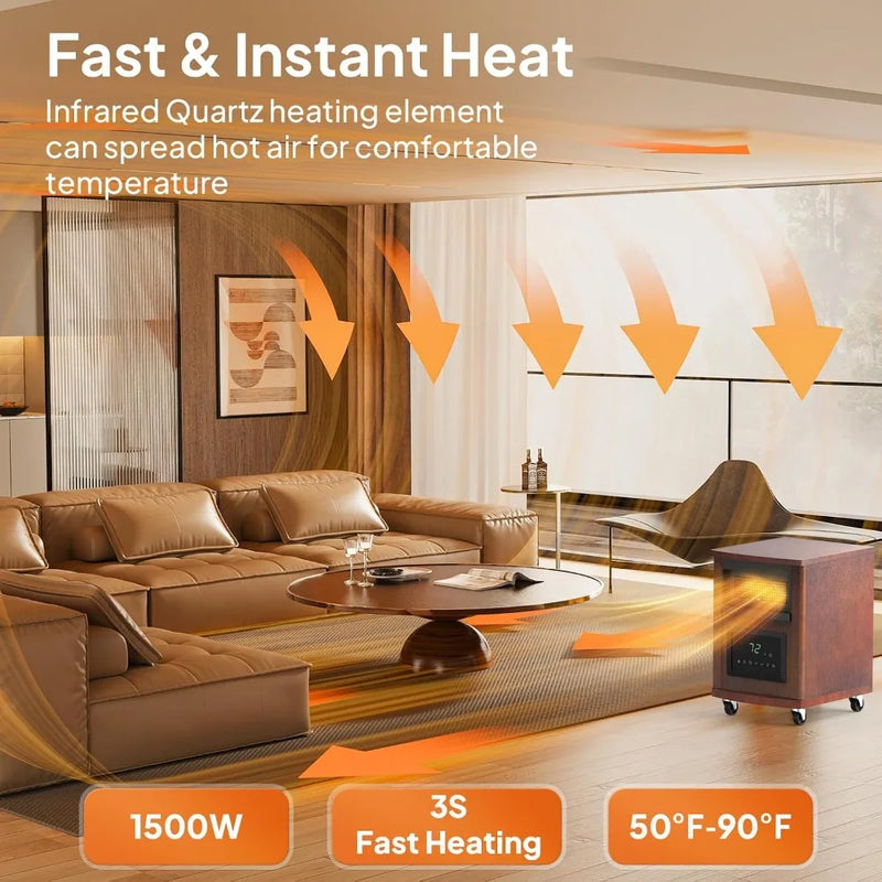 Wood-cabinet infrared quartz space heater with digital control panel, view 2