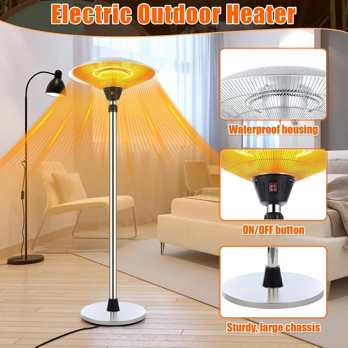 Freestanding stainless steel electric patio heater with dome reflector, view 3