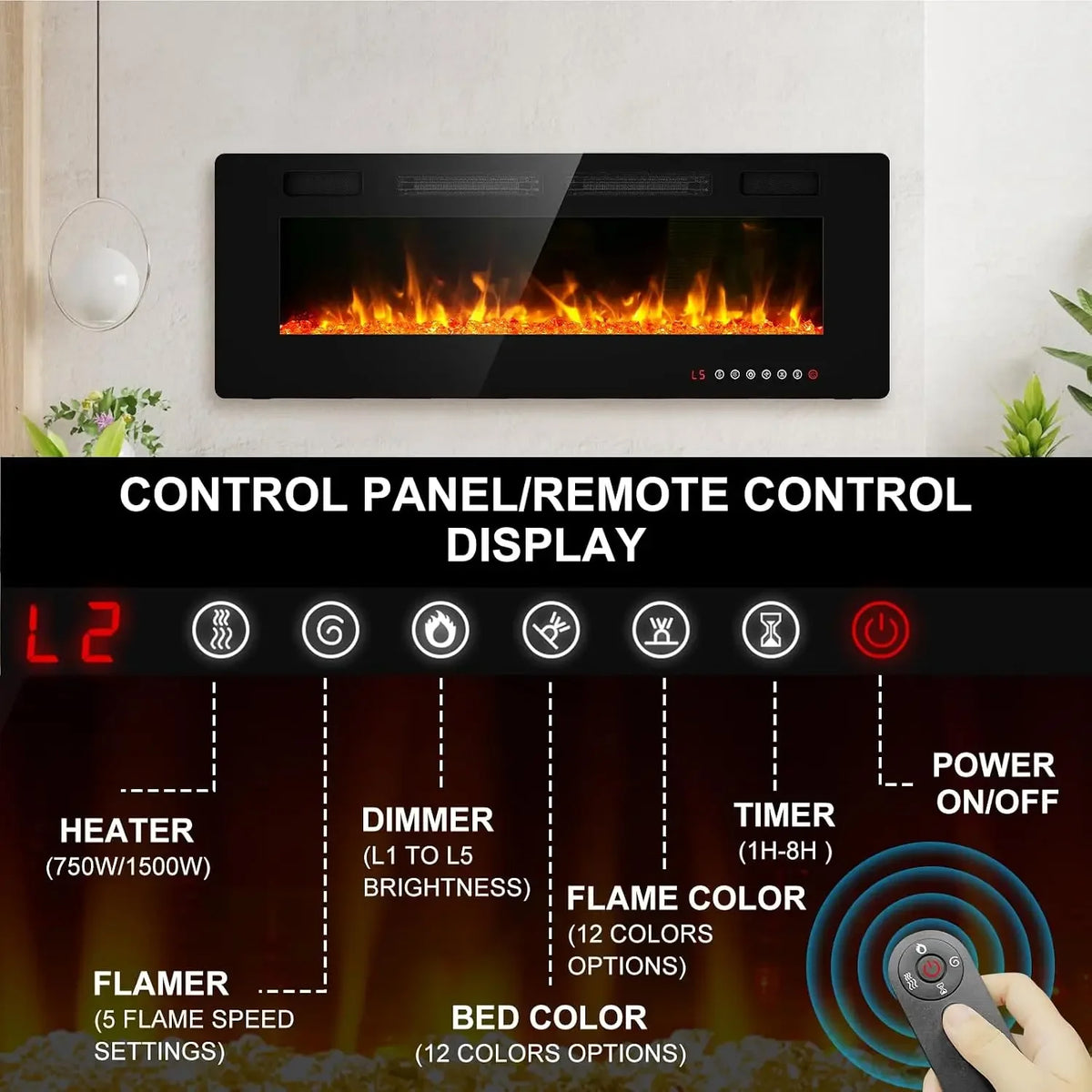 Ultra-thin electric fireplace control panel and remote functions