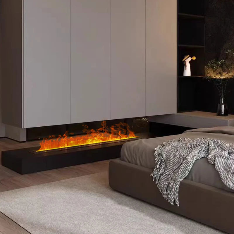 Water vapor fireplace insert running beneath a bed bench in a modern bedroom